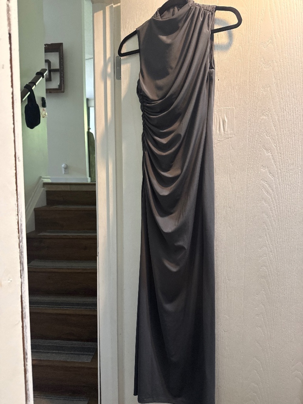 Zara Charcoal Grey Ruched Floor-Length Maxi Dress XS